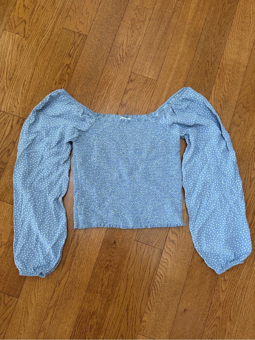 American Eagle Outfitters Light Blue Polka Dot Off-Shoulder Puff Sleeve Crop Top